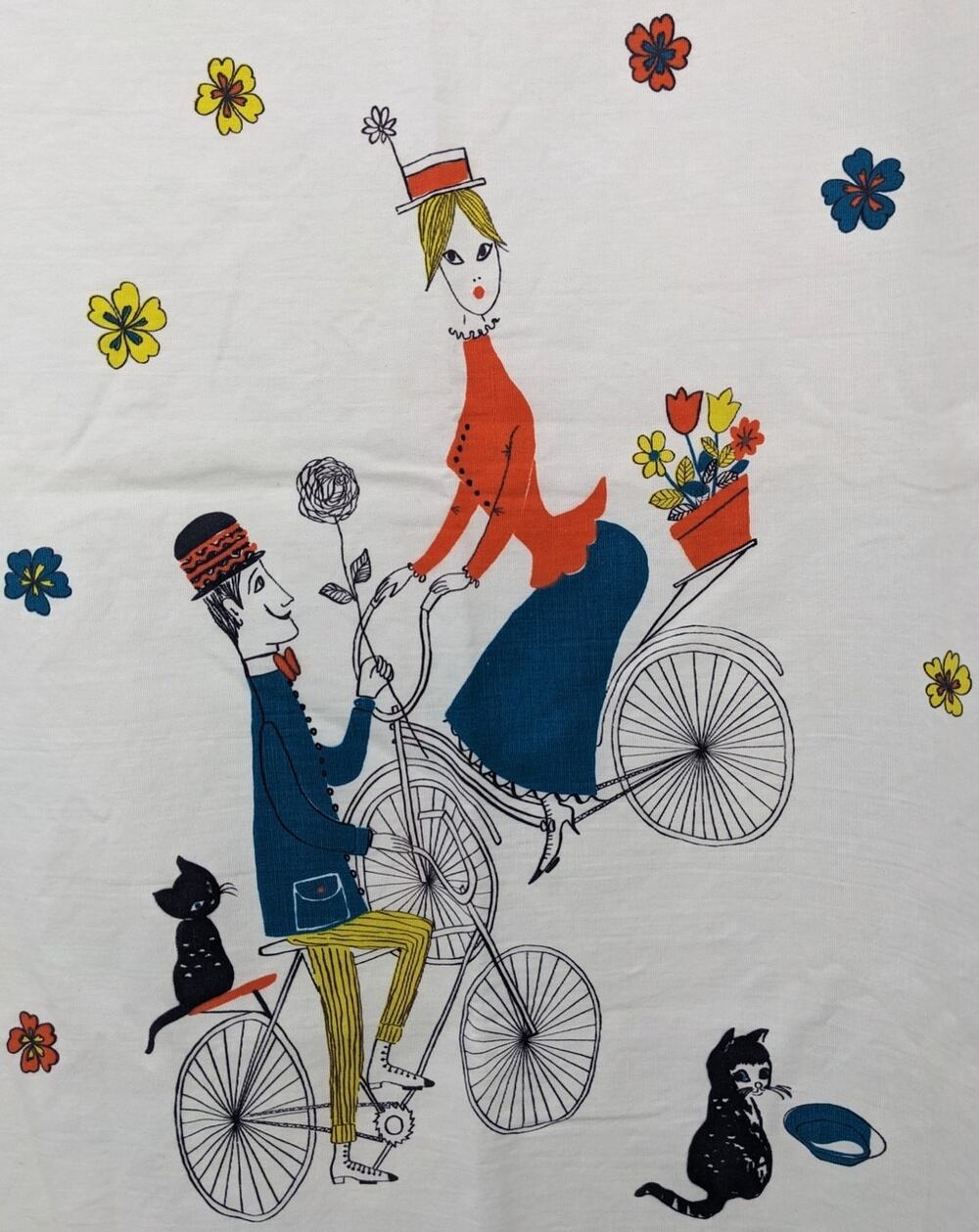 3 5/8 Yds Vintage 60's AMERITEX COTTON FABRIC Victorian Courting Couple Bicycles